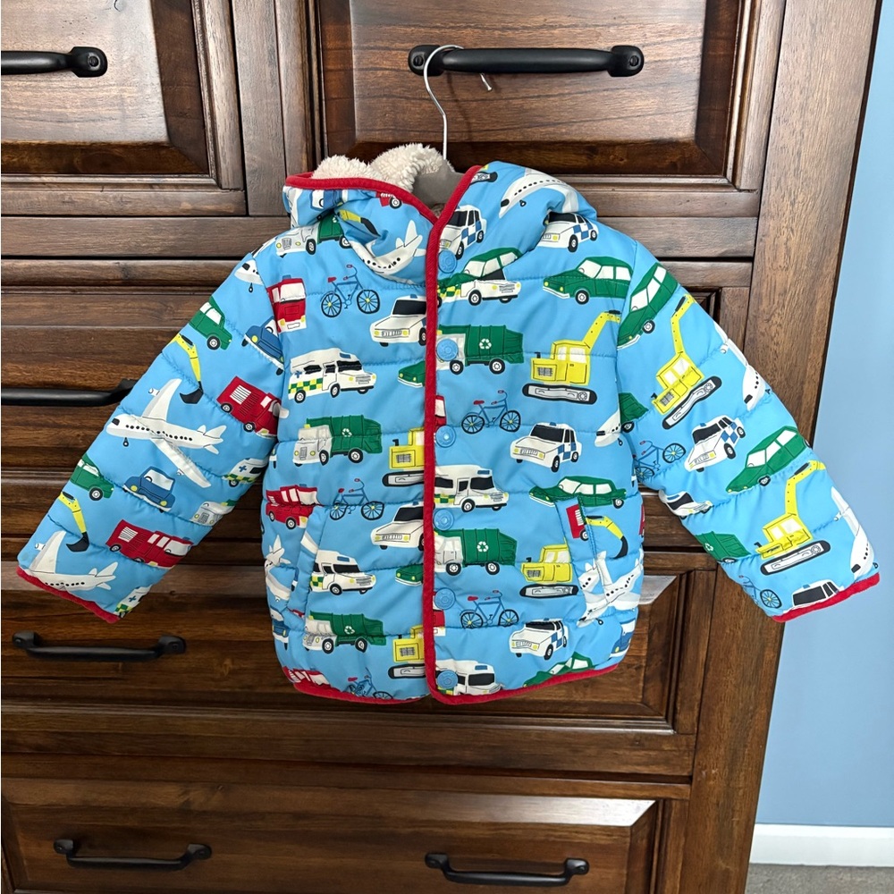Baby Boden Blue Vehicle Print Sherpa Lined Jacket